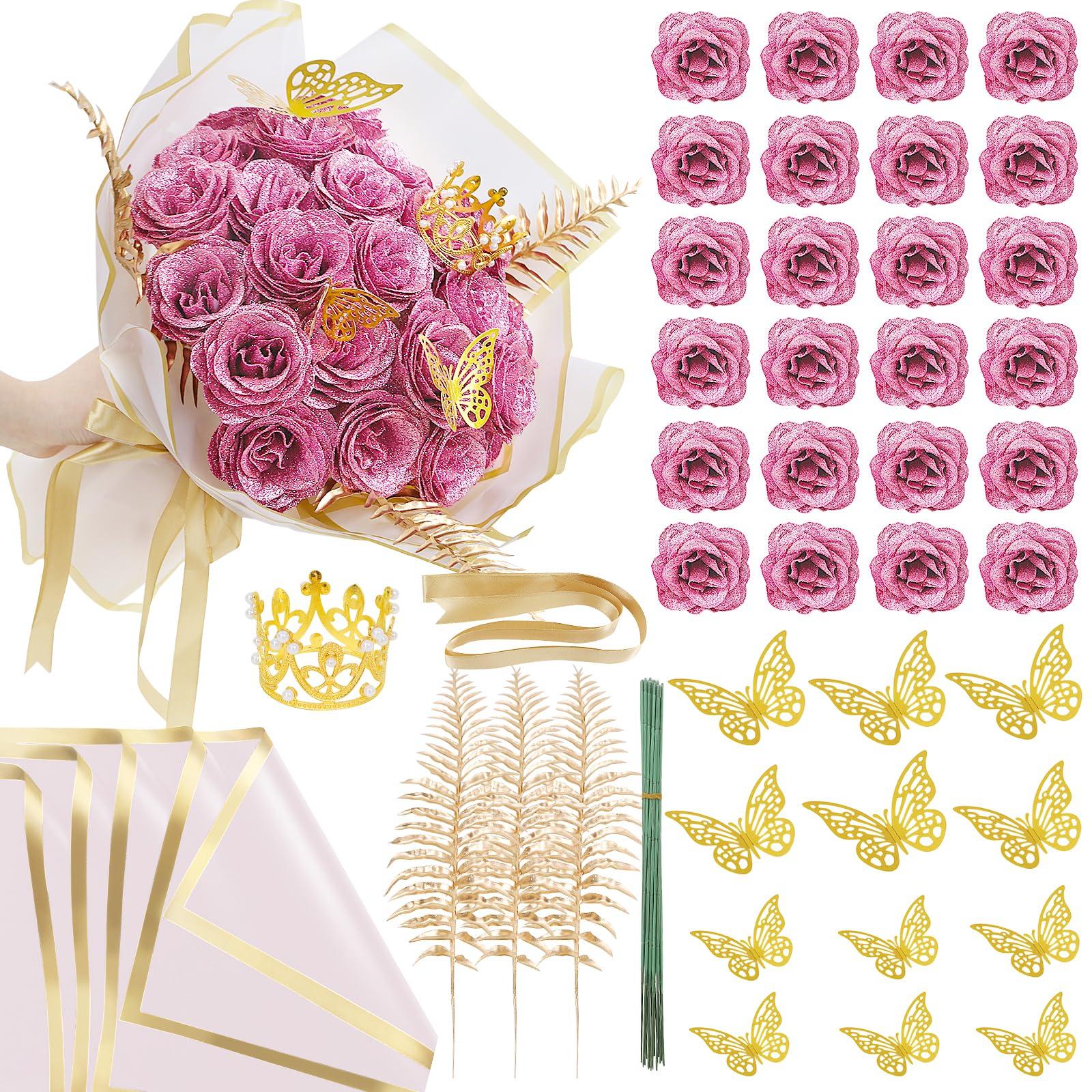 Light pink DIY glitter rose bouquet gift set 24pcs with stickers ribbons crown for graduation