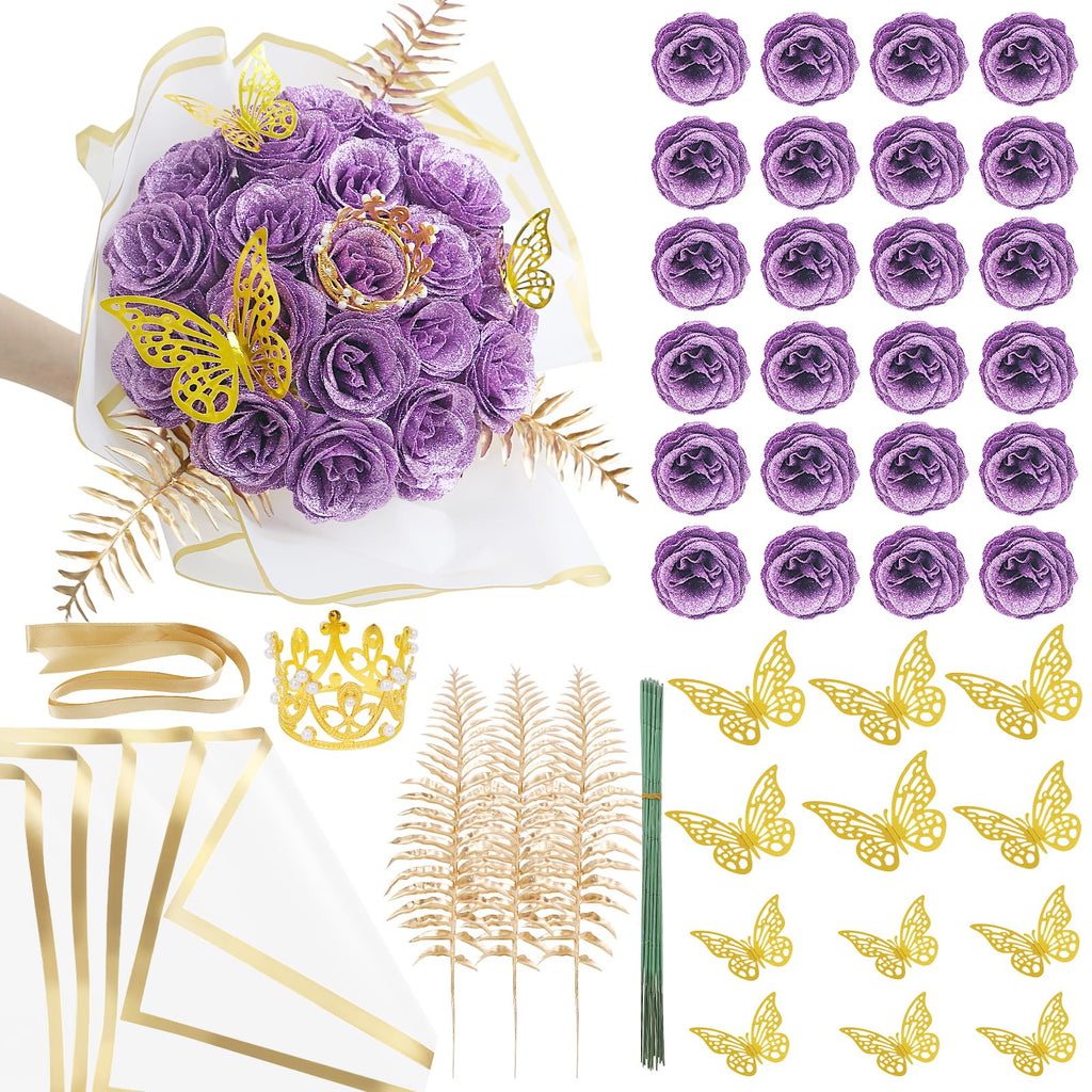 Light purple DIY glitter rose bouquet gift set 24pcs with stickers ribbons crown for graduation