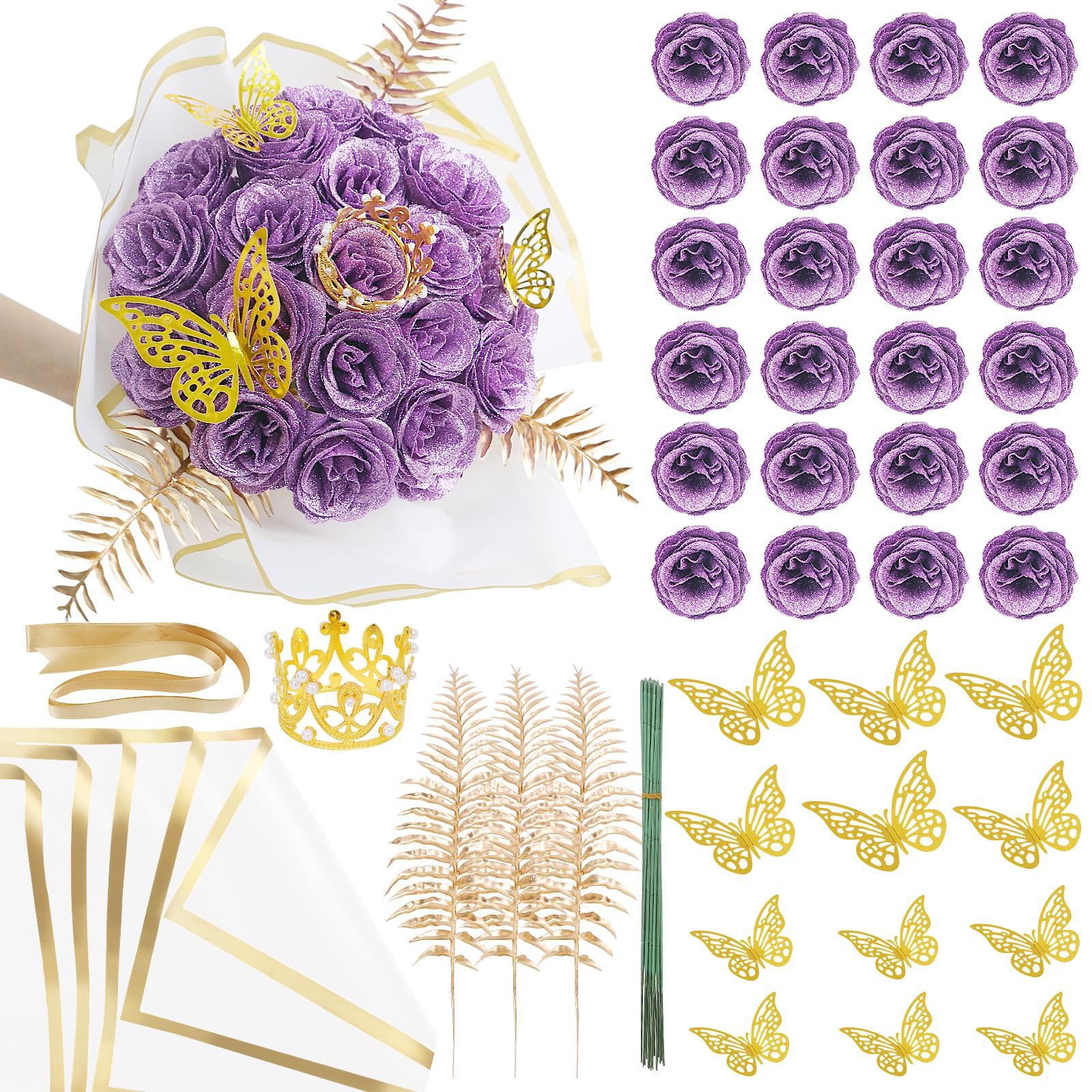 Light purple DIY glitter rose bouquet gift set 24pcs with stickers ribbons crown for graduation