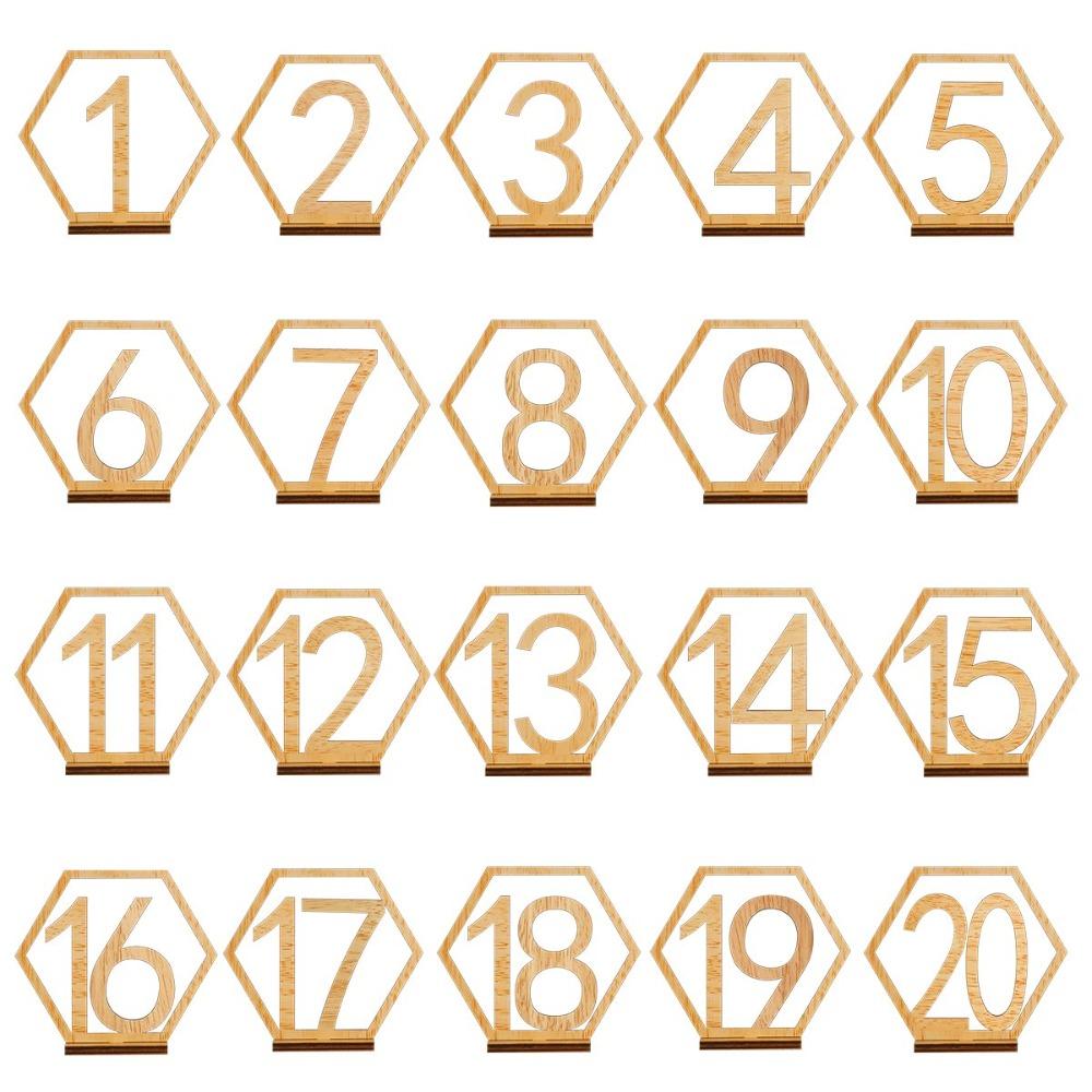 Hexagon wooden table numbers 1 to 20 with holder base for wedding reception decor
