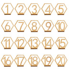 Hexagon wooden table numbers 1 to 20 with holder base for wedding reception decor
