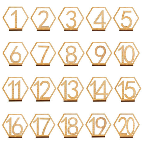Hexagon wooden table numbers 1 to 20 with holder base for wedding reception decor
