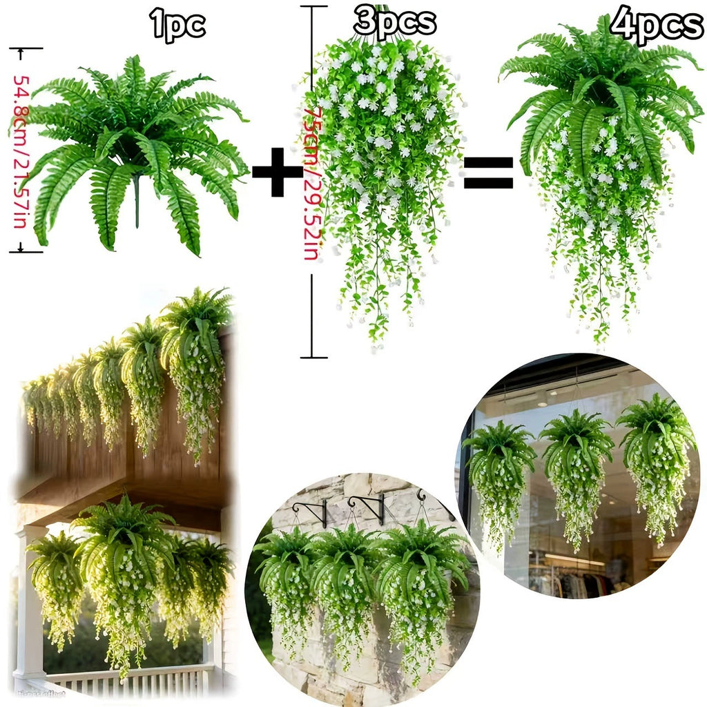Artificial Hanging Fern Plant with White Flower Vine Fake Boston Fern Wall Basket Greenery for Home Garden Patio Porch Ceiling Decor