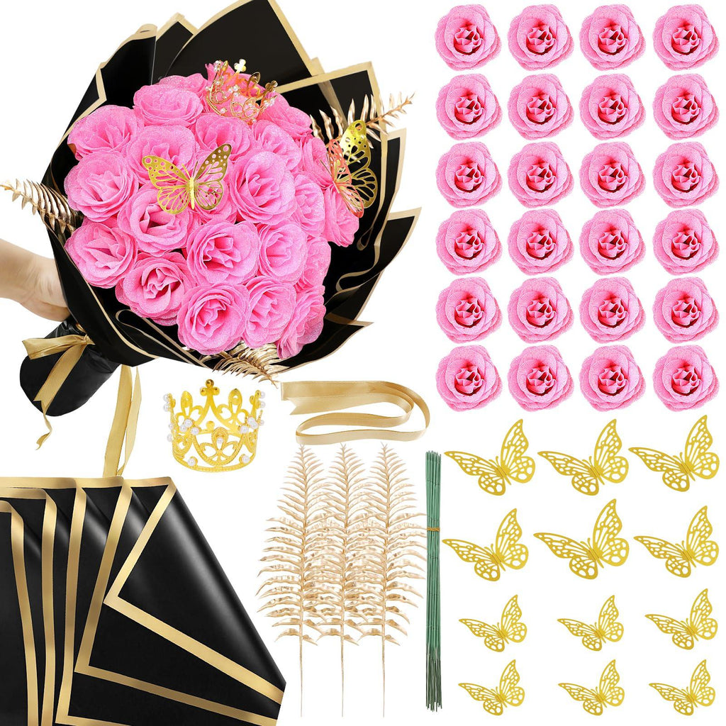 Pink DIY glitter rose bouquet gift set 24pcs with stickers ribbons butterflies crown for graduation