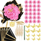 Pink DIY glitter rose bouquet gift set 24pcs with stickers ribbons butterflies crown for graduation