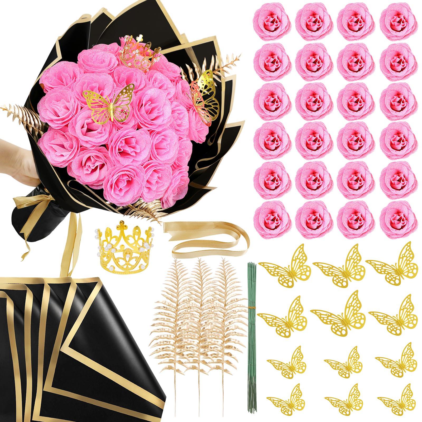 Pink DIY glitter rose bouquet gift set 24pcs with stickers ribbons butterflies crown for graduation