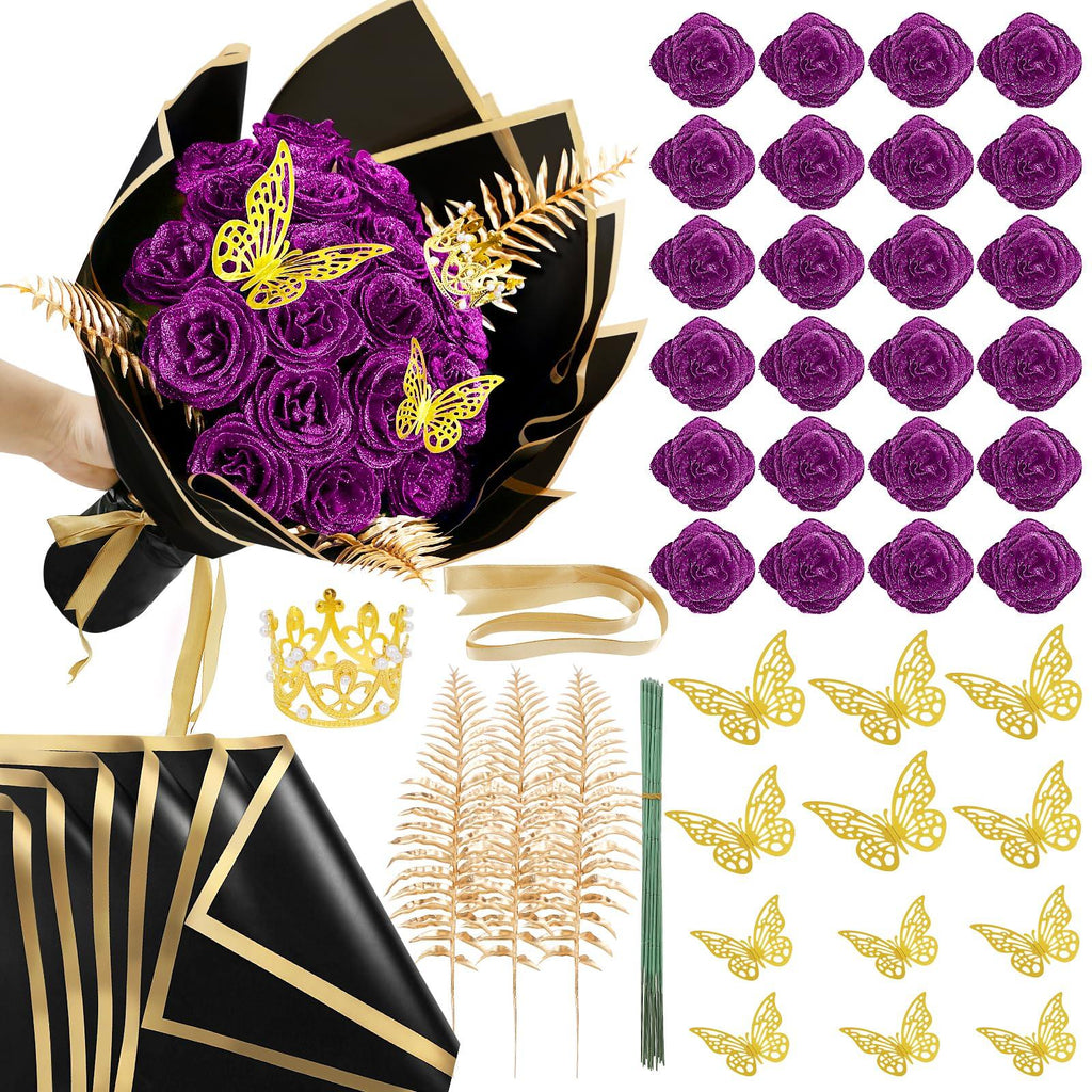 Purple DIY glitter rose bouquet gift set 24pcs with stickers ribbons butterflies crown for graduation