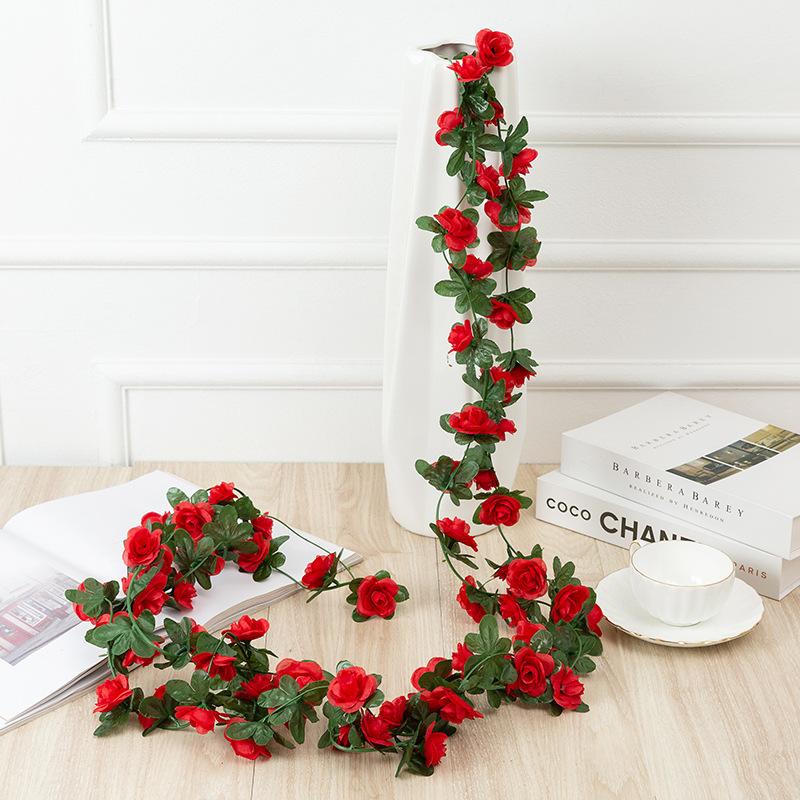Artificial Rose Vine Hanging Garland with Green Leaves 5pcs | Wedding Birthday Christmas Wall Arch Party & Home Decor in 8 Colors