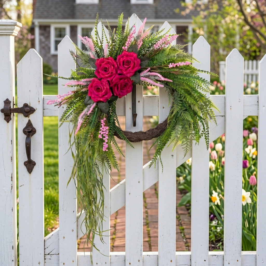 Artificial Rose Fern Wreath with Cascading Greenery and Pink Accents Boho Door Wall Hanging Decor