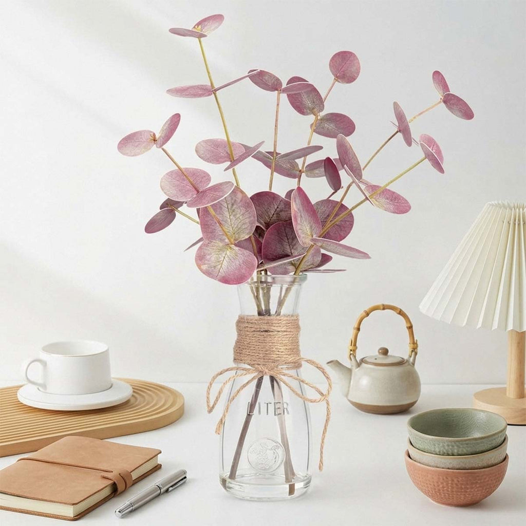 Artificial Eucalyptus Stems in Glass Vase with Faux Water | Faux Greenery for Bathroom Desk Shelf Coffee Table Decor