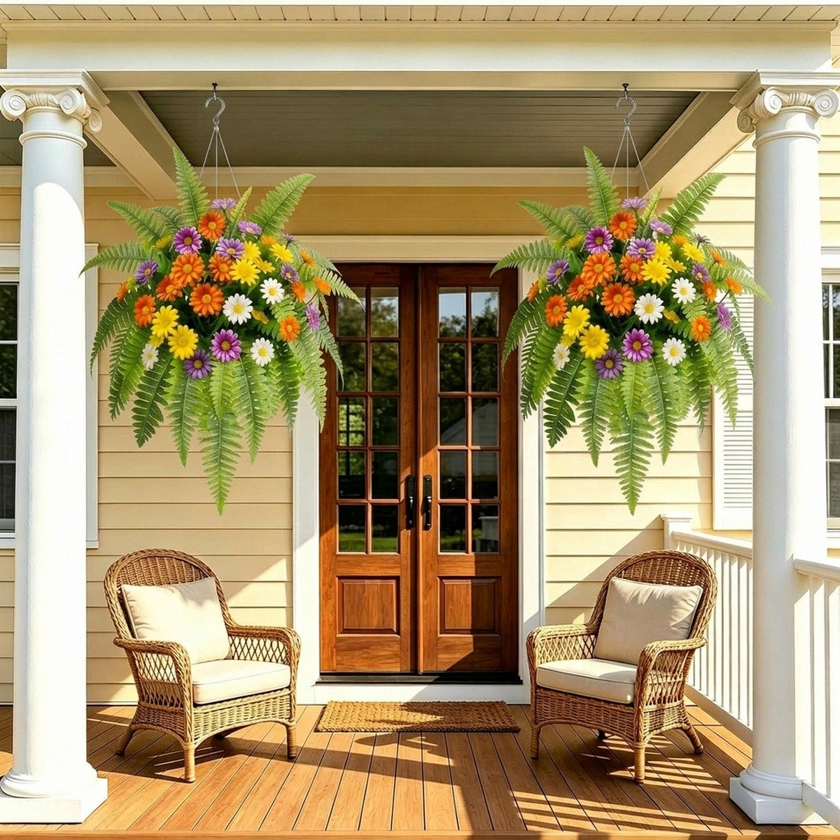 Artificial Daisy Flower Bouquet with Fern Leaves Mixed Colorful Gerbera Fake Floral Arrangement for Home Garden Table Centerpiece Wedding Party Decor