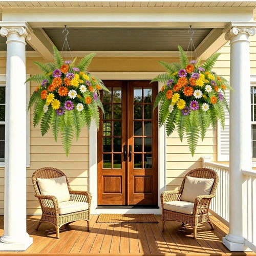 Artificial Daisy Flower Bouquet with Fern Leaves Mixed Colorful Gerbera Fake Floral Arrangement for Home Garden Table Centerpiece Wedding Party Decor