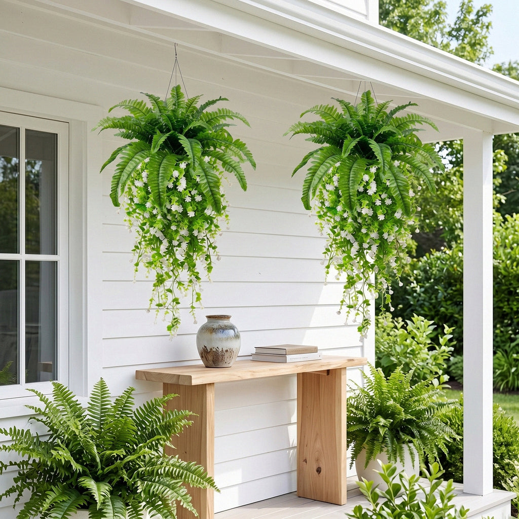 Artificial Hanging Fern Plant with White Flower Vine Fake Boston Fern Wall Basket Greenery for Home Garden Patio Porch Ceiling Decor