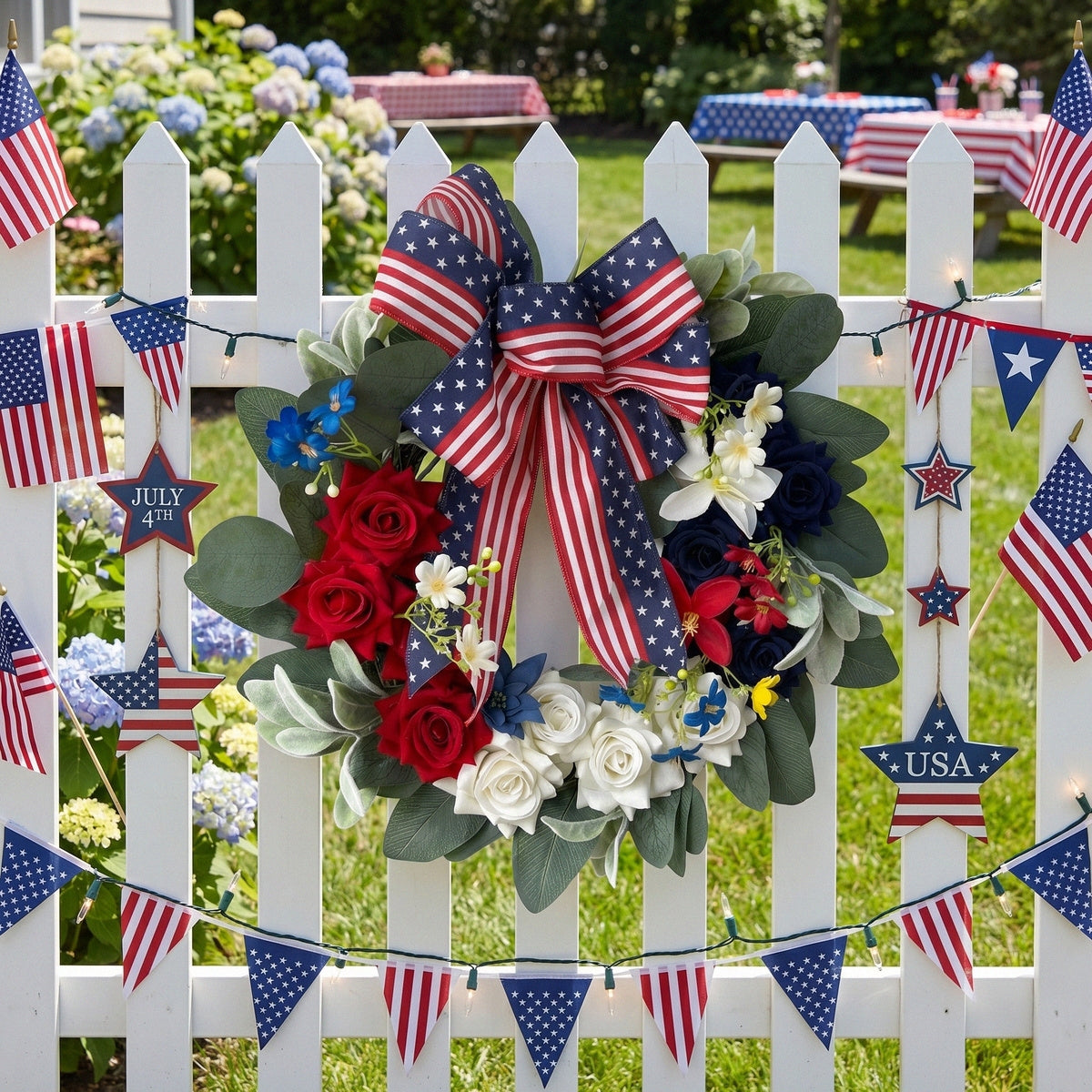 Patriotic Americana Wreath with Red White Blue Hydrangea & Flag Bow | 4th of July Front Door Decor for Summer Holiday Home Porch Wall Art