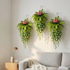 Artificial Hanging Fern Plant with Pink Flowers and Cascading White Vines Fake Boston Fern Wall Basket Greenery for Home Garden Patio Porch Ceiling Decor