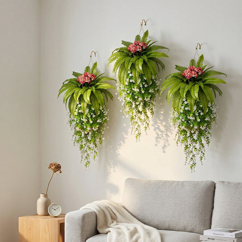 Artificial Hanging Fern Plant with Pink Flowers and Cascading White Vines Fake Boston Fern Wall Basket Greenery for Home Garden Patio Porch Ceiling Decor