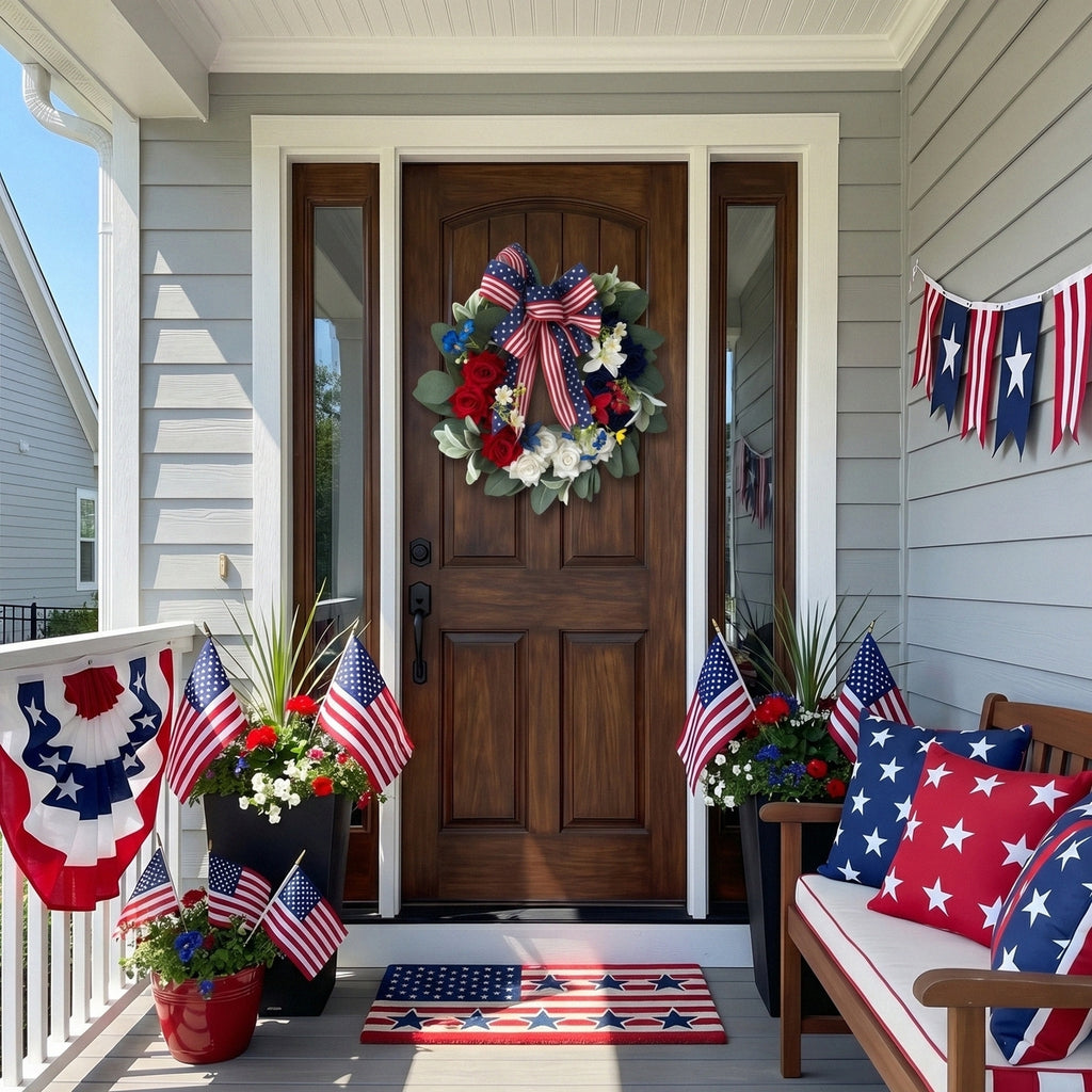 Patriotic Americana Wreath with Red White Blue Hydrangea & Flag Bow | 4th of July Front Door Decor for Summer Holiday Home Porch Wall Art