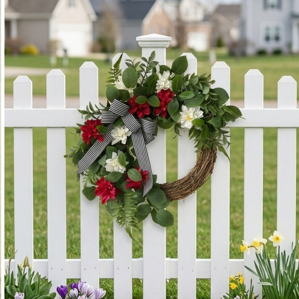 Artificial Spring Wreath for Front Door, Faux Red White Floral Grapevine Wreath with Eucalyptus Greenery Bow, Farmhouse Outdoor Porch Fence Wall Decor