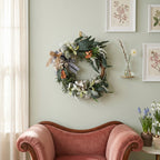 Modern farmhouse front door wreath with hydrangea styled for neutral green leaf by IPOPU