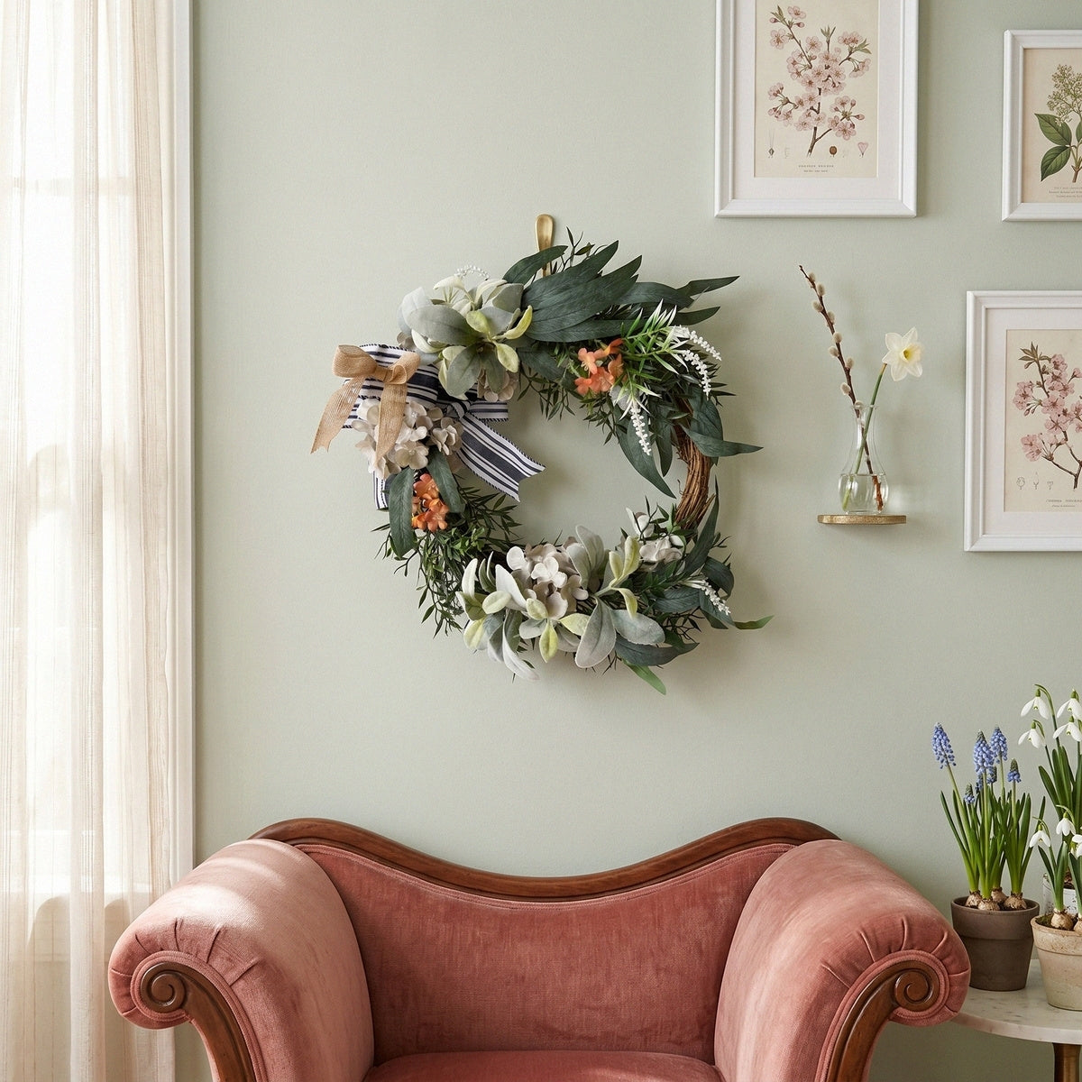 Modern Farmhouse Front Door Wreath with Hydrangea & Black White Striped Bow | Neutral Green Leaf Wall Art for Fall Winter Home Porch Decor