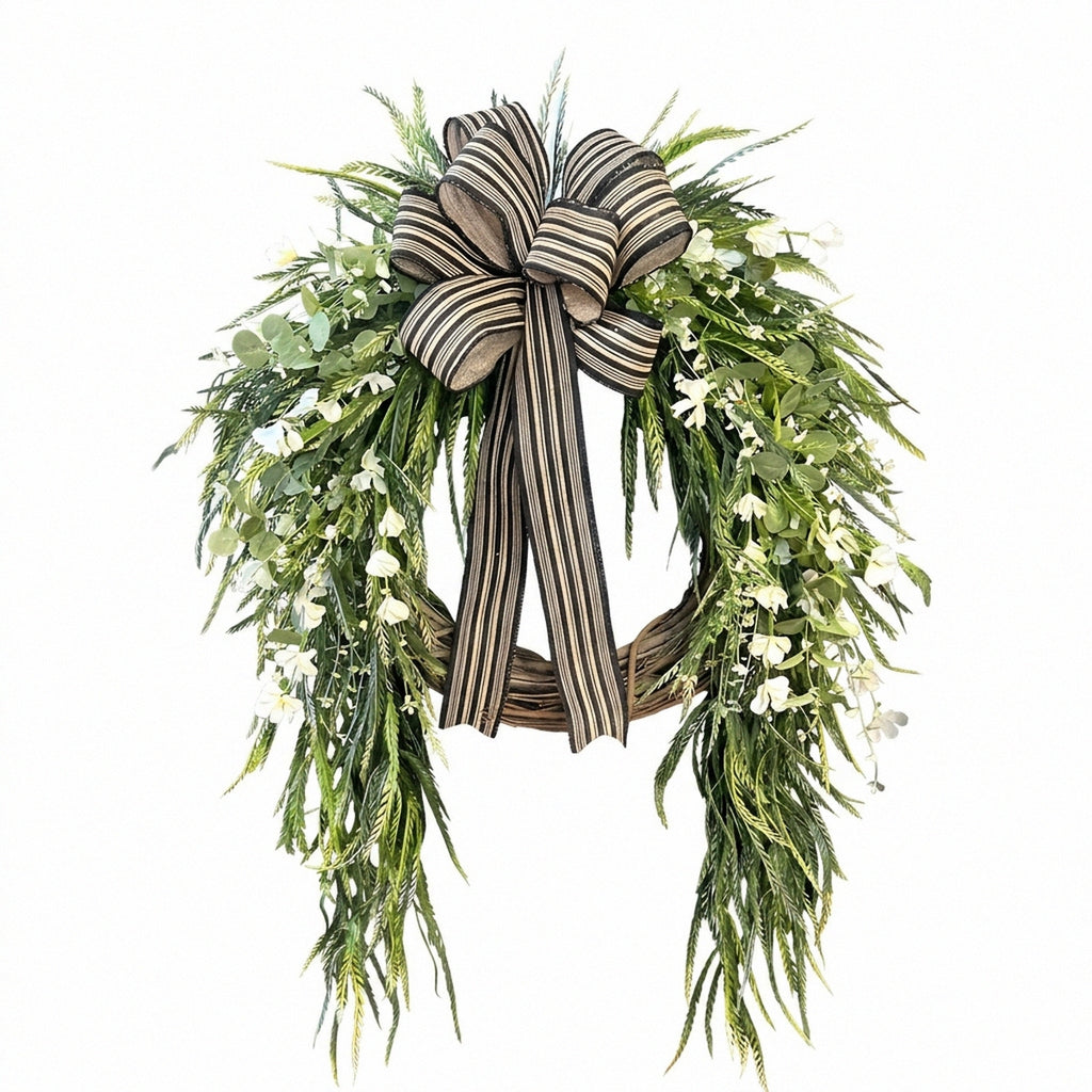 Artificial greenery wreath with black white striped bow pine fern eucalyptus and white berries for front door and wall hanging decor