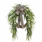 Artificial greenery wreath with black white striped bow pine fern eucalyptus and white berries for front door and wall hanging decor