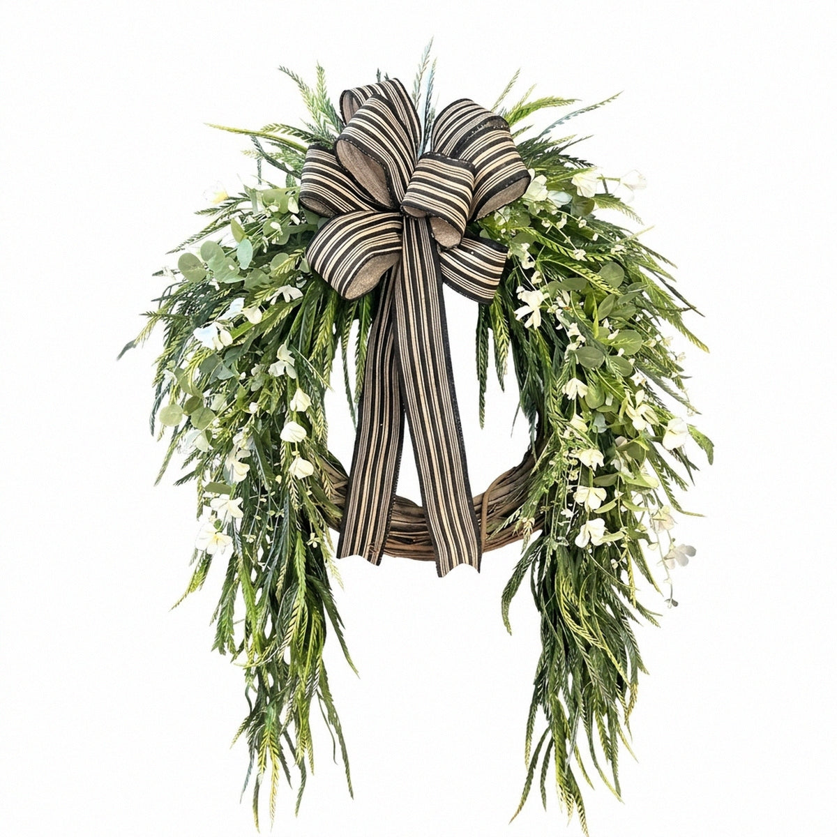 Artificial greenery wreath with black white striped bow pine fern eucalyptus and white berries for front door and wall hanging decor