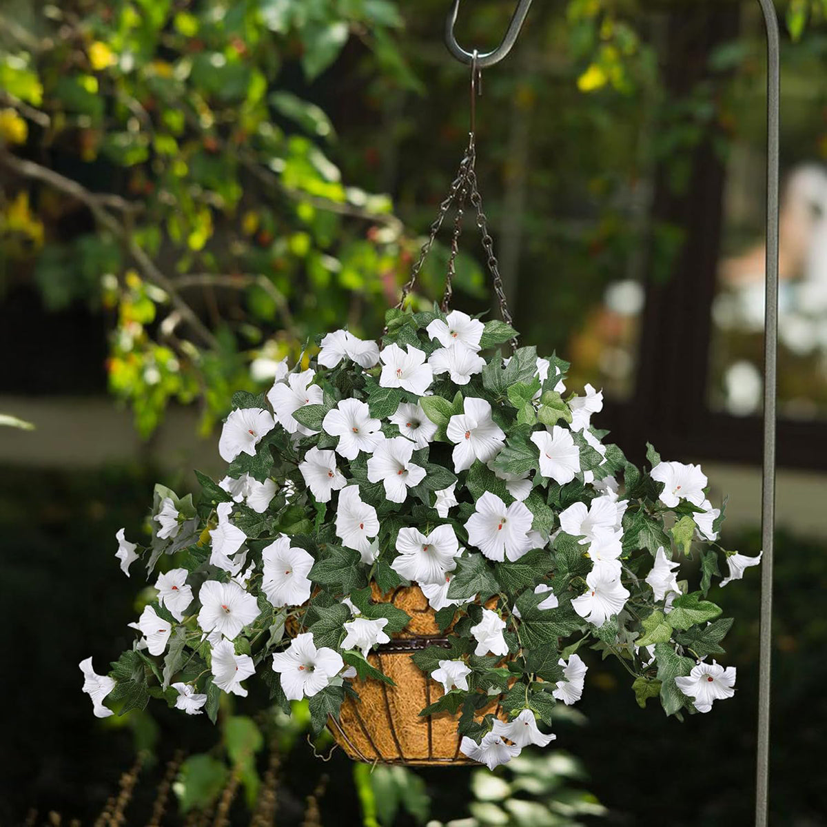 Artificial Hanging Flowers Plants with Basket for Outdoors, Artificial Petunias UV Resistant Petunias Fake Flowers for Outdoor Garden Porch Balcony Decoration