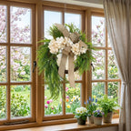 Farmhouse Front Door Wreath with Burlap Bow, Cream Hydrangea & Green Fern | 20in Spring Summer Home Wall & Porch Decor