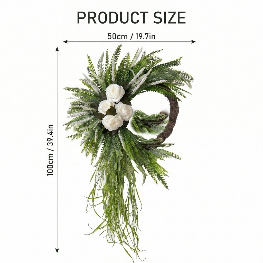Bohemian Fern Wreath with White Rose Cascading Design Front Door Decor Spring Summer Home Wall Hanging Porch Art