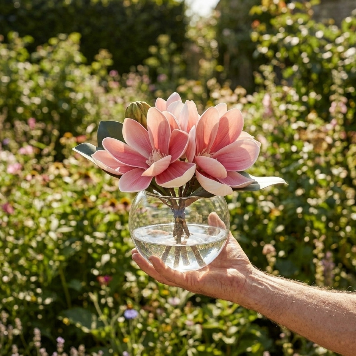Artificial Magnolia Flowers in Glass Vase with Fake Water | Home Decor Bathroom Office Centerpiece