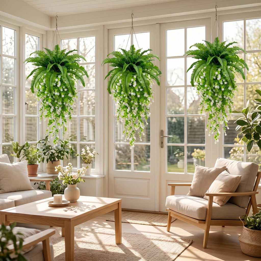 Artificial Hanging Fern Plant with White Flower Vine Fake Boston Fern Wall Basket Greenery for Home Garden Patio Porch Ceiling Decor