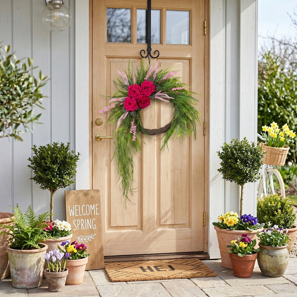 Artificial Rose Fern Wreath with Cascading Greenery and Pink Accents Boho Door Wall Hanging Decor