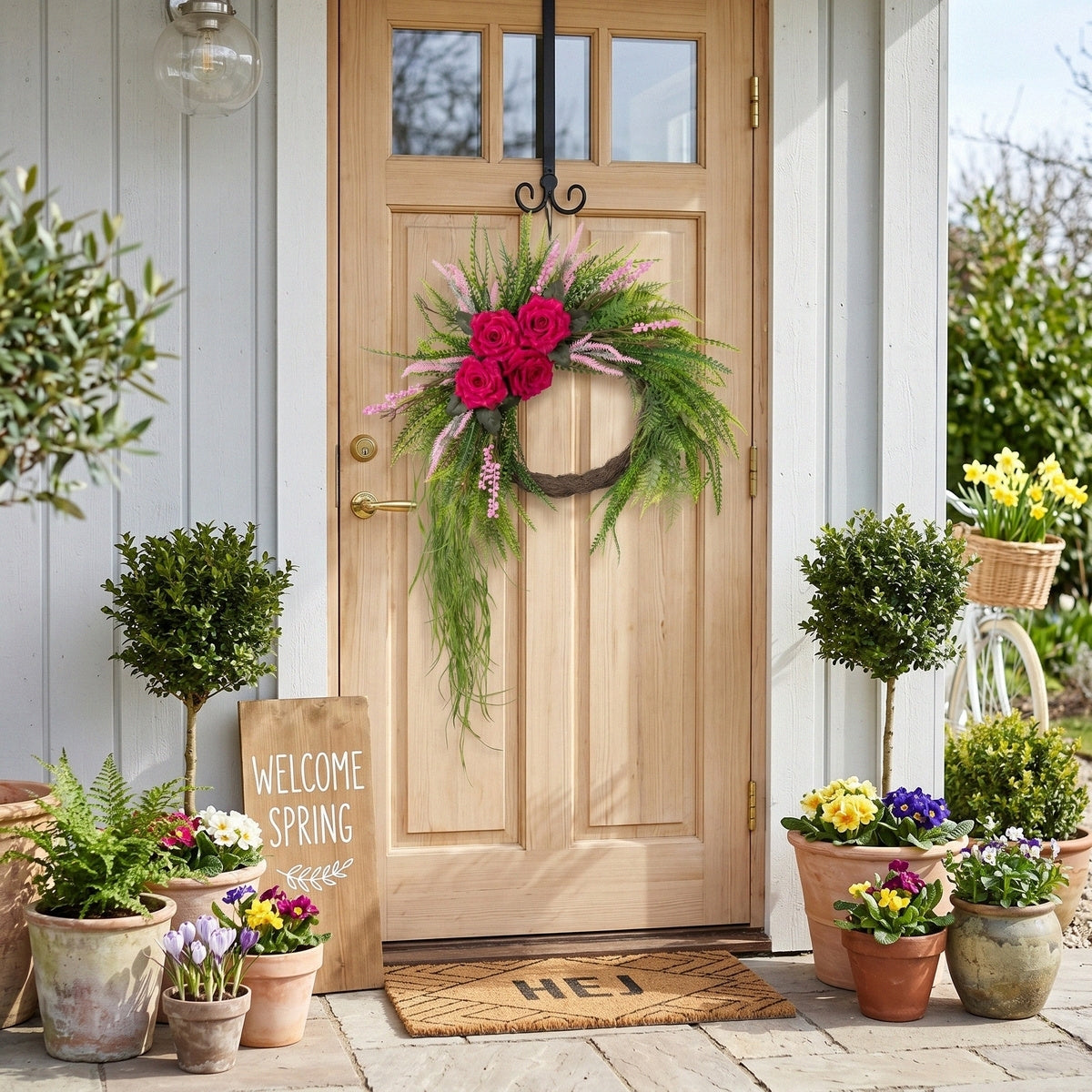 Artificial Rose Fern Wreath with Cascading Greenery and Pink Accents Boho Door Wall Hanging Decor