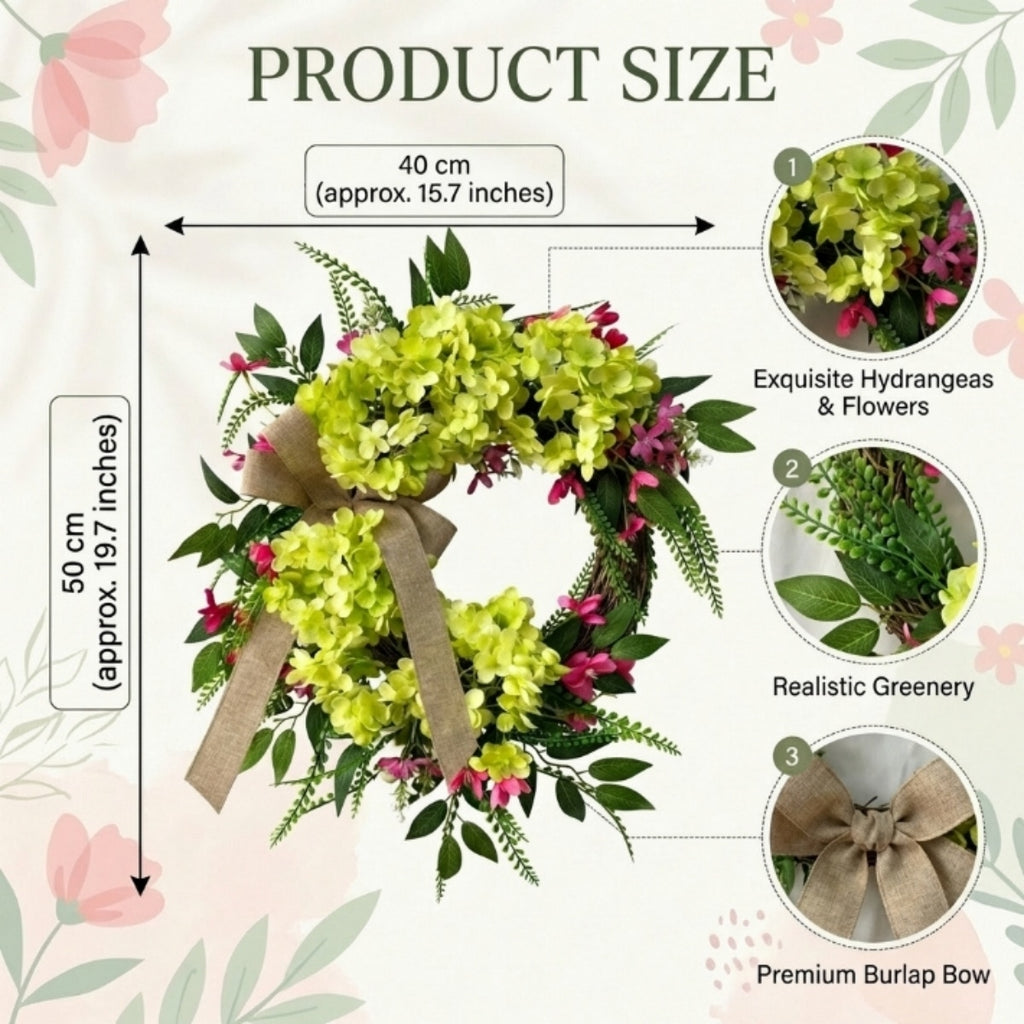 Side view of hydrangea wreath rustic farmhouse style for front door hanging by IPOPU