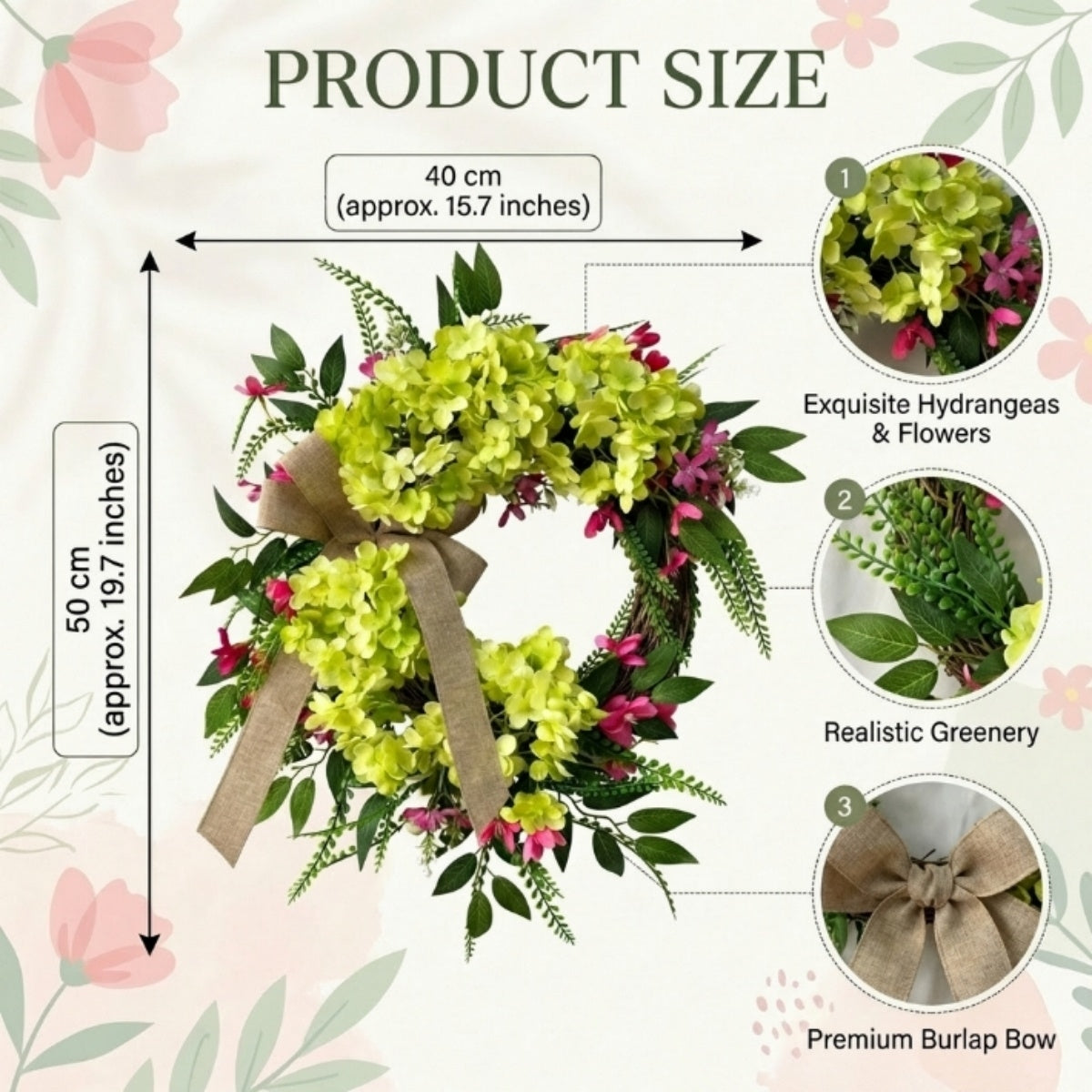 Hydrangea Wreath Rustic Farmhouse Style | Front Door Hanging Garden Decor for Spring Summer Home Outdoor Wall & Porch