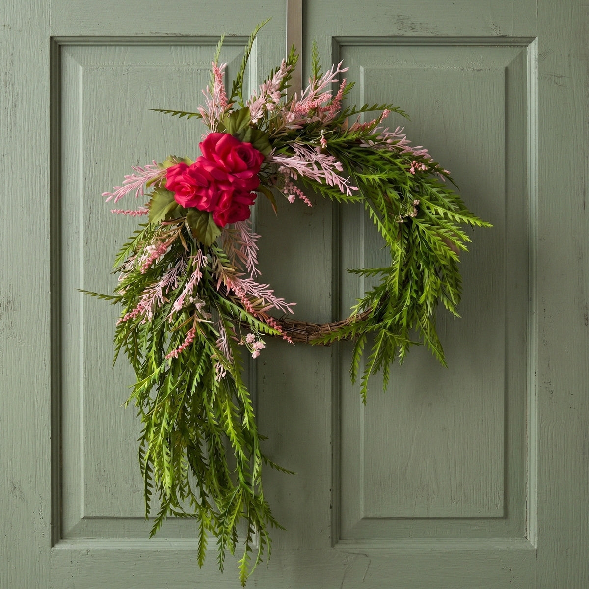 Cascading Rose Wreath Front Door Decor Romantic Pink Flower Wreath Green Foliage Wall Hanging Spring Summer Home Porch Entrance Decoration