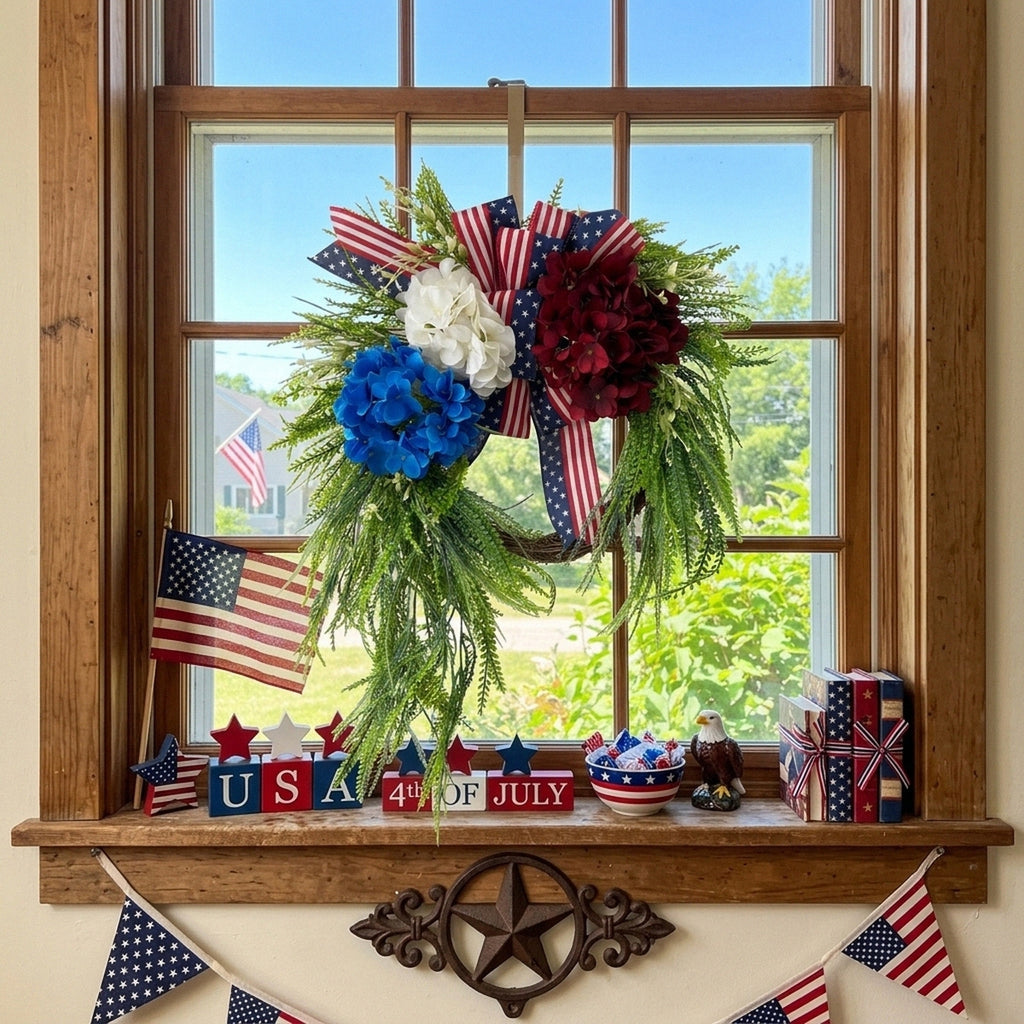 Patriotic Wreath with Red White Blue Hydrangea & Flag Bow | 4th of July Front Door Decor for Summer Holiday Home Porch & Wall Art