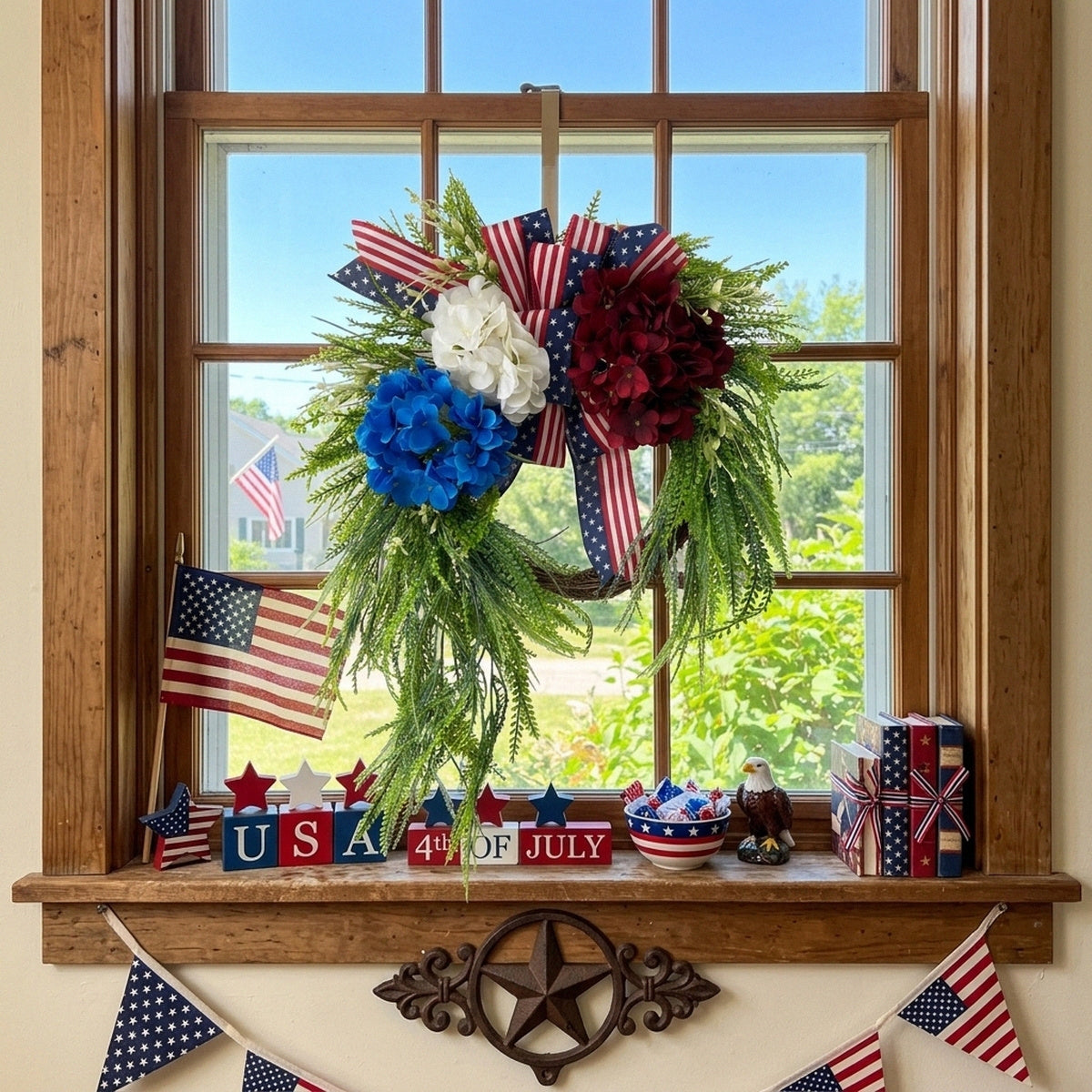Patriotic Wreath Fourth of July Front Door Decor Red White Blue Hydrangea Wreath with Flag Bow Summer Holiday Wall Art for Home Porch