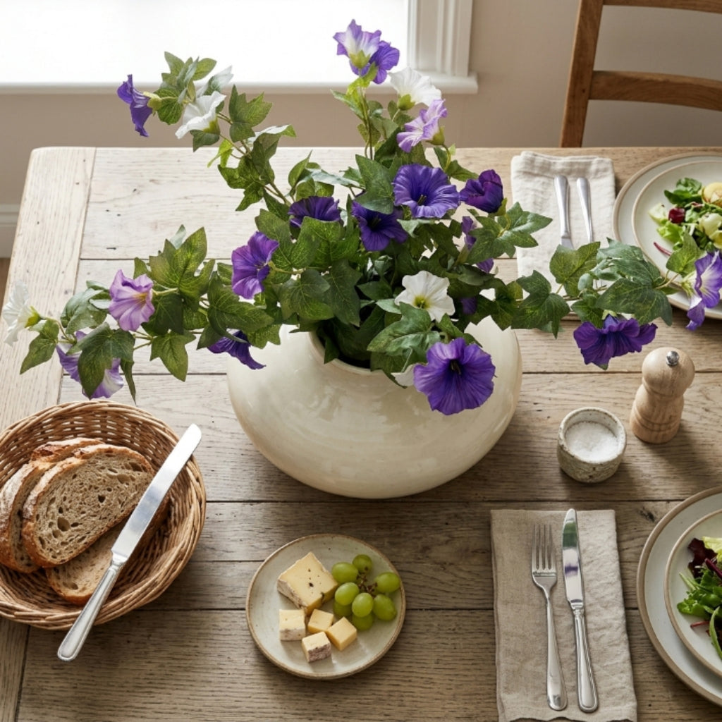 Artificial Hanging Flowers Plants with Basket for Outdoors, Artificial Petunias UV Resistant Petunias Fake Flowers for Outdoor Garden Porch Balcony Decoration
