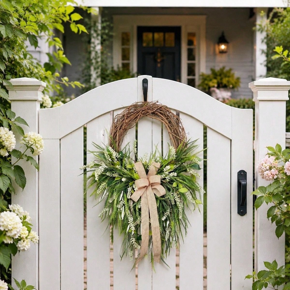 Farmhouse Front Door Wreath with Burlap Bow, Green Foliage & White Flowers for Spring Summer Rustic Home Porch & Wall Decor