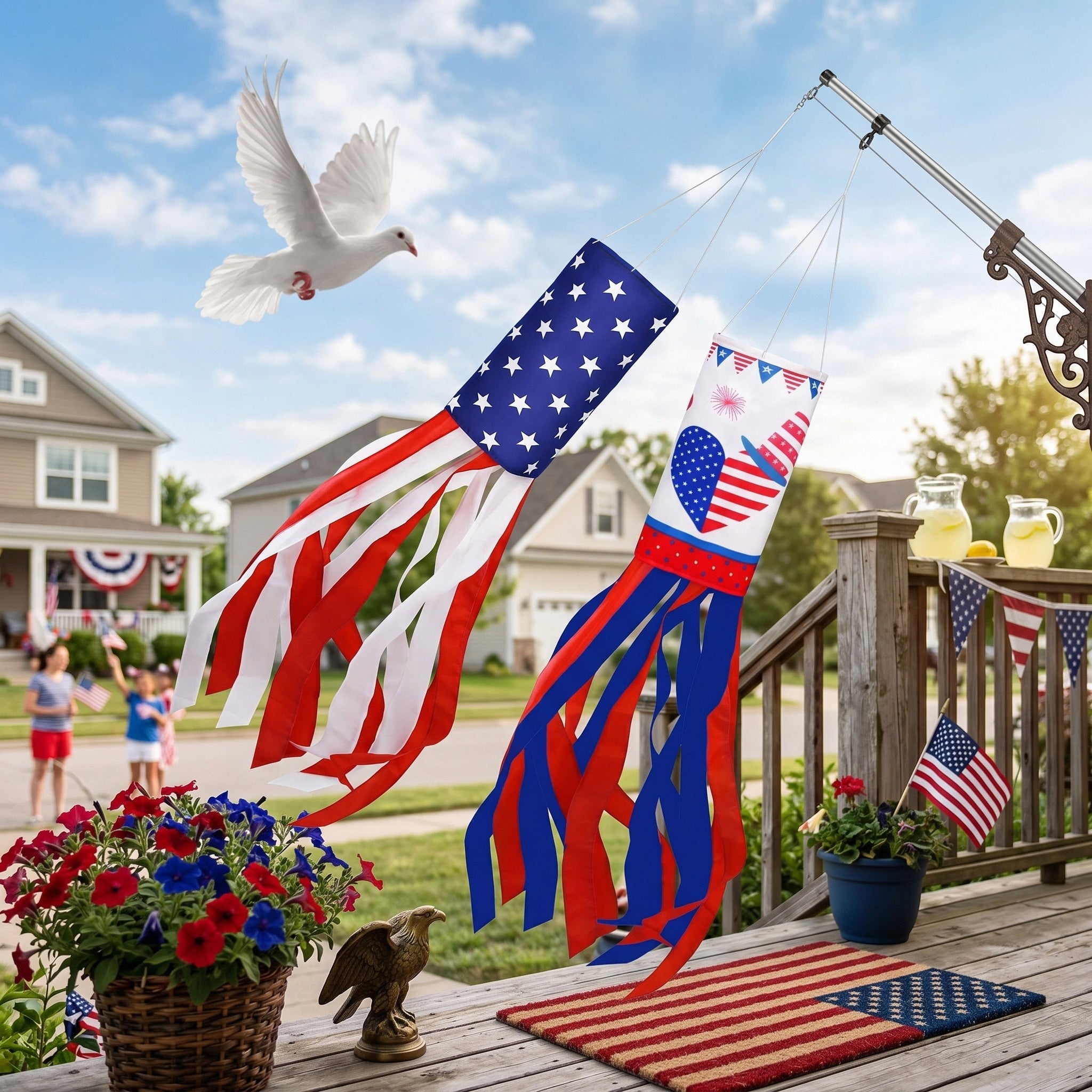Heavy Duty American Windsock Set of 2 | 4th of July USA Patriotic Flag with Embroidered Stars Outdoor Hanging