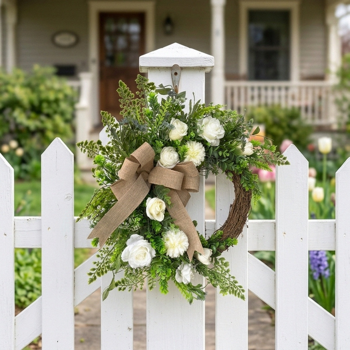 Artificial White Rose & Greenery Wreath with Burlap Bow, Rustic Farmhouse Spring Summer Wreath for Front Door Outdoor Porch Wall Home Decor
