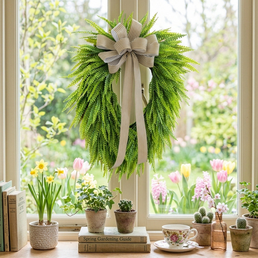 Artificial Fern Wreath with Striped Bow Green Foliage Door Wreath for Front Porch Home Wall Summer Spring Decor