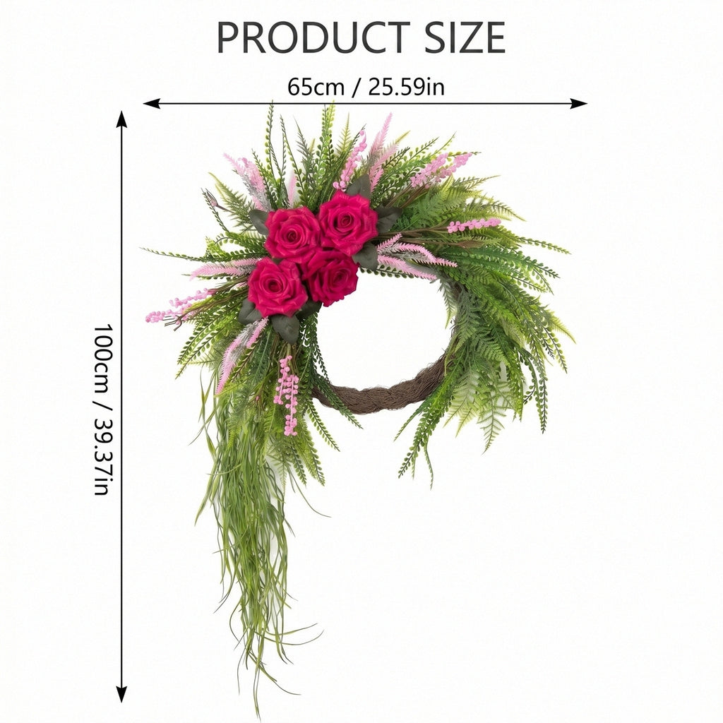 Artificial Rose Fern Wreath with Cascading Greenery and Pink Accents Boho Door Wall Hanging Decor