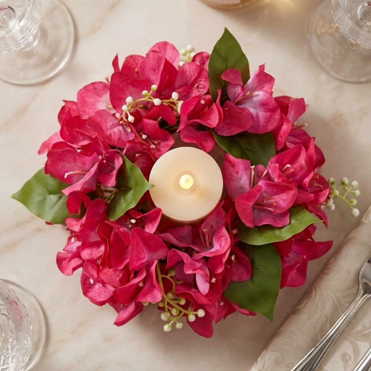 Floral Candle Wreath Rings | Artificial Bougainvillea Candle Rings for Wedding Table Centerpiece Home Decor