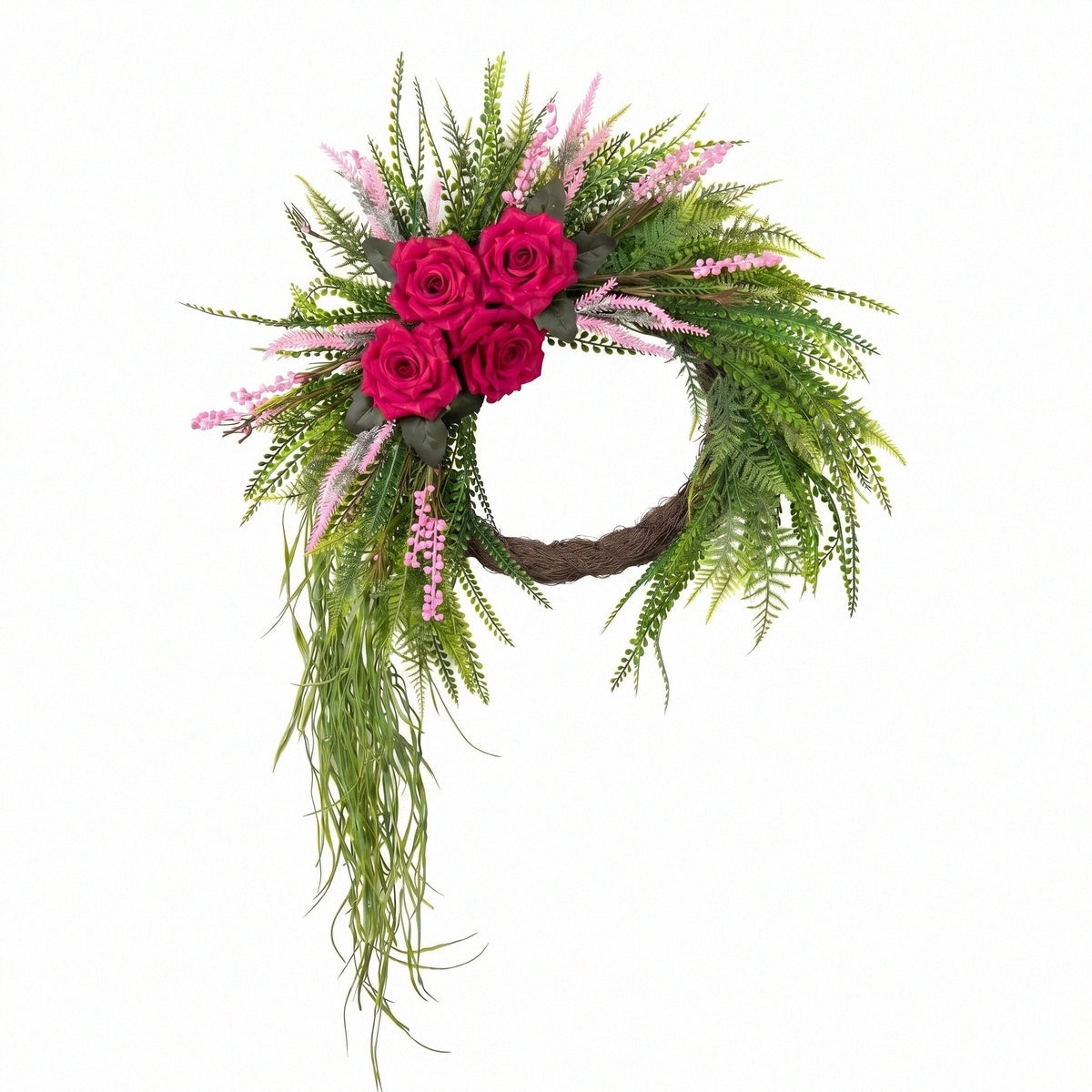 Artificial rose fern wreath with cascading greenery magenta roses and pink accents boho style for front door and wall hanging decor