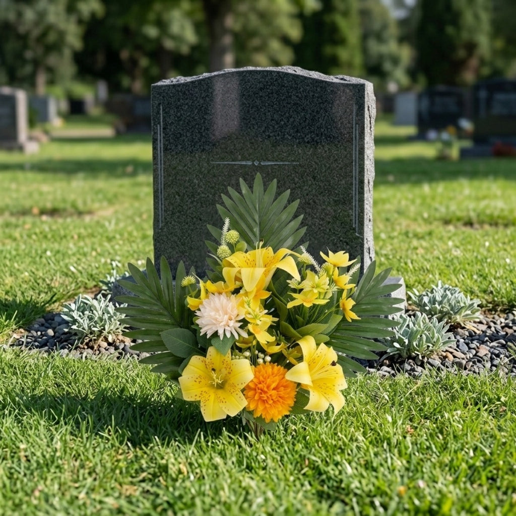 Cemetery Flowers for Grave, Outdoor Lily Chrysanthemum Hydrangea Rose Artificial Flowers Grave Flowers with Cemetery Vase, Lasting and Non-Bleed Colors