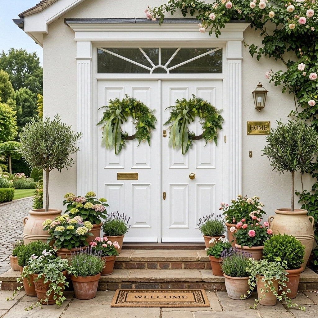 Artificial Greenery Wreath with Ribbon Bow, Rustic Farmhouse Spring Summer Wreath for Front Door Outdoor Porch Wall Home Decor