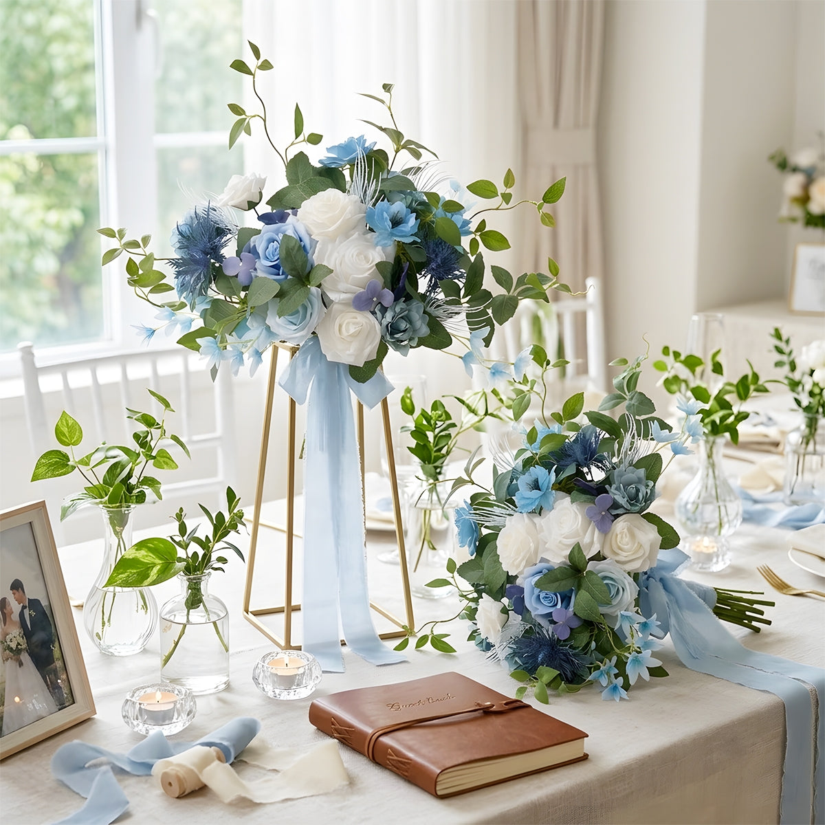 Dusty Blue Bridal Bouquet | Blue White Artificial Wedding Flowers Bride Bridesmaid